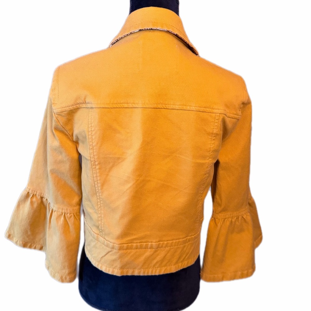 Anthropologie Nora Flounce-Sleeved Trucker Jacket Mustard Yellow M Bell Sleeve - Picture 3 of 10